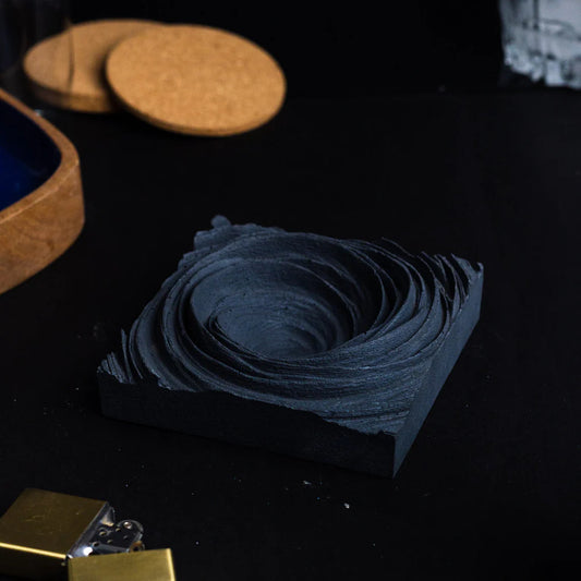 New Cyclone Black - Spiral Design ashtray resting on a square base- contemporary design