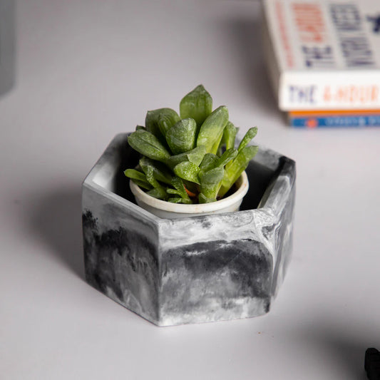 Thedecorshop Hexo- Nero marble - Hexagonal concrete pot for succulents & small plants perfect for office and study table