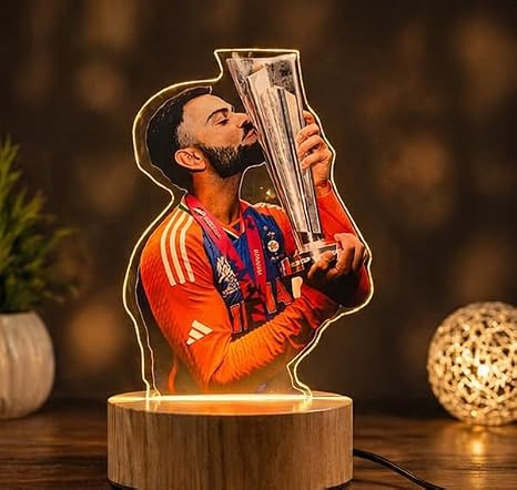 3D LED Illusion Cricket Lamp Inspired by Virat Kohli | Trophy Design Night Light with Wooden Base | Multicolor Lamp | Gift for Cricket Fans