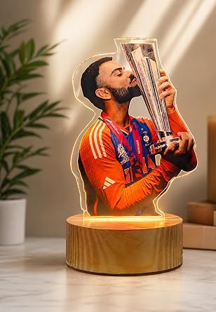 3D LED Illusion Cricket Lamp Inspired by Virat Kohli | Trophy Design Night Light with Wooden Base | Multicolor Lamp | Gift for Cricket Fans