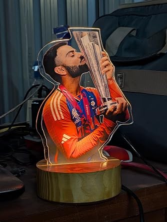 3D LED Illusion Cricket Lamp Inspired by Virat Kohli | Trophy Design Night Light with Wooden Base | Multicolor Lamp | Gift for Cricket Fans