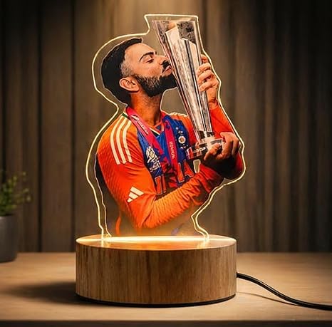 3D LED Illusion Cricket Lamp Inspired by Virat Kohli | Trophy Design Night Light with Wooden Base | Multicolor Lamp | Gift for Cricket Fans