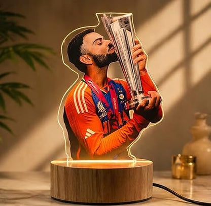 3D LED Illusion Cricket Lamp Inspired by Virat Kohli | Trophy Design Night Light with Wooden Base | Multicolor Lamp | Gift for Cricket Fans